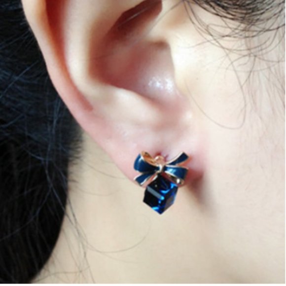 Green or Blue CZ Gold Bowed Package Earrings - Picture 2 of 4